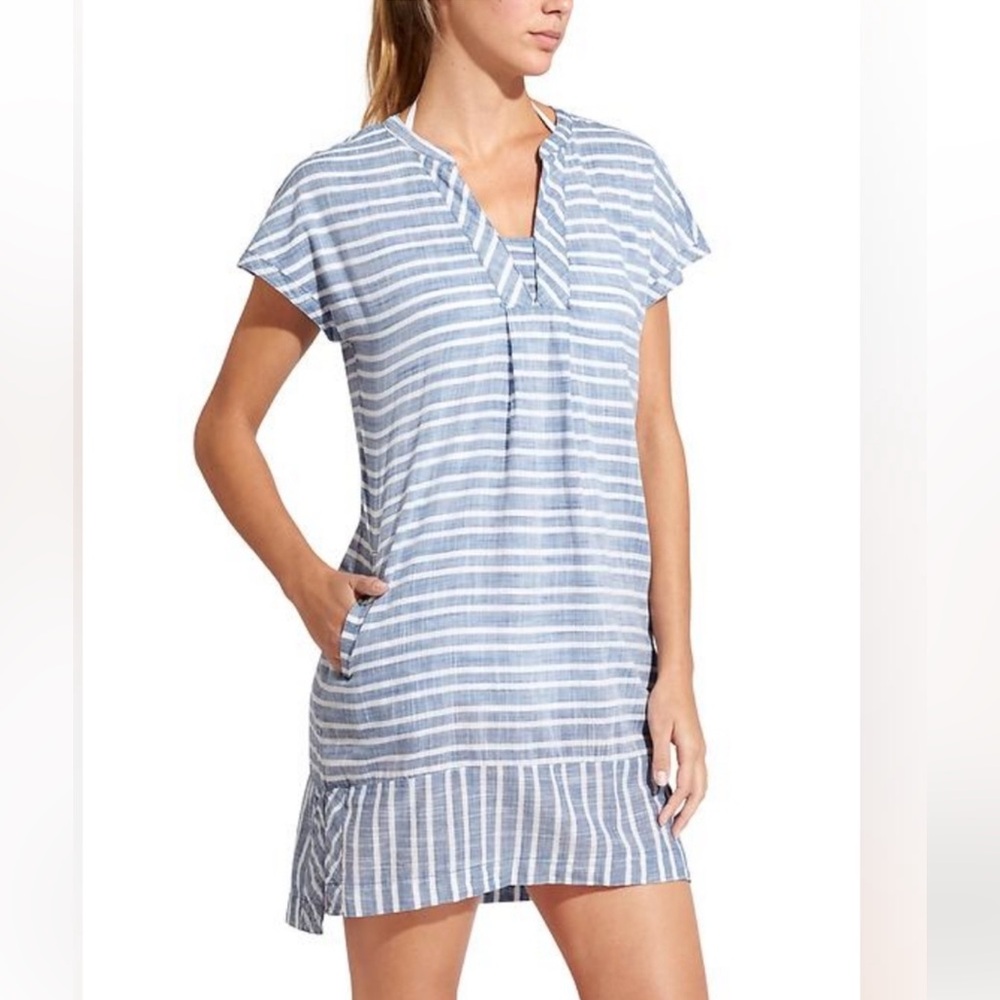 Athleta Slate Blue and White Stripe Short Sleeve Dress- Barbados Mini Dress